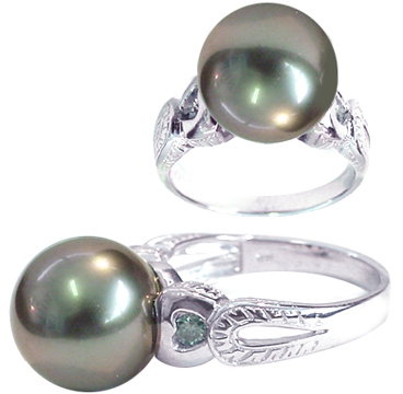 14KW 8.5mmTahitian pearl .12 green dia ring