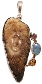 SS Ivory woman carving opal tourm citrine pendan