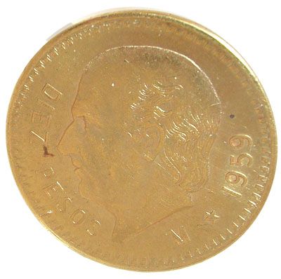 22KY Diez Pesos Mexican Coin 1959: 781196: LOW LOW BUYERS PREMIUM (10% upto $499, 8% for $500 and up) NO RESERVE AUCTION! BIDDING STARTS AT $10! This wonderful item is a Mexican Diez Pesos Antique coin. It is crafted out of 22K yellow gold we