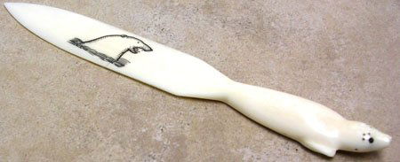 IVORY LETTER OPENER SCHRIMSHAW: LOW BUYERS PREMIUM (10%) NO RESERVE AUCTION! BIDDING STARTS AT $10! This is a lovely Native Alaskan carved ivory letter opener with scrimshaw. This unique ivory letter opener has a scrimshaw of polar