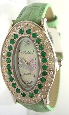 SS Emerald Wt. Topaz Rochelle Leather Green Band: LOW BUYERS PREMIUM (10%) NO RESERVE AUCTION! BIDDING STARTS AT $10! This beautiful and trendy Ladies Emerald and White Topaz timepiece is exclusively designed by Jeremiahs International named Rochelle
