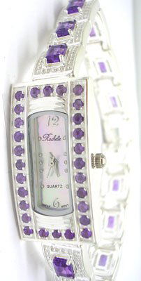 SSilver 12.75cttw Amethyst Rochelle Ladies Squar: LOW BUYERS PREMIUM (10%) NO RESERVE AUCTION! BIDDING STARTS AT $10! This beautiful and trendy Ladies 12.75carats total weight of Amethyst timepiece is exclusively designed by Jeremiahs International n