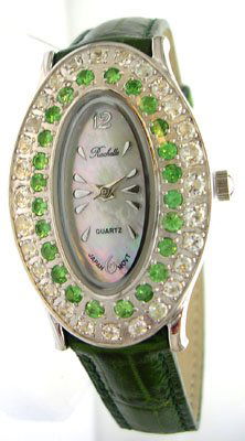 SS Tsavorite Garnet Wh Topaz Rochelle leather Watc: LOW BUYERS PREMIUM (10%) NO RESERVE AUCTION! BIDDING STARTS AT $10! This beautiful and trendy Ladies Tsavorite garnet and White Topaz timepiece is exclusively designed by Jeremiahs International named