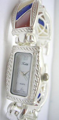 SSilver Lapis Pink White MOP Rochelle Ladies Watch: LOW BUYERS PREMIUM (10%) NO RESERVE AUCTION! BIDDING STARTS AT $10! This beautiful and trendy Ladies Multi-Gemstone timepiece is exclusively designed by Jeremiahs International named Rochelle after on