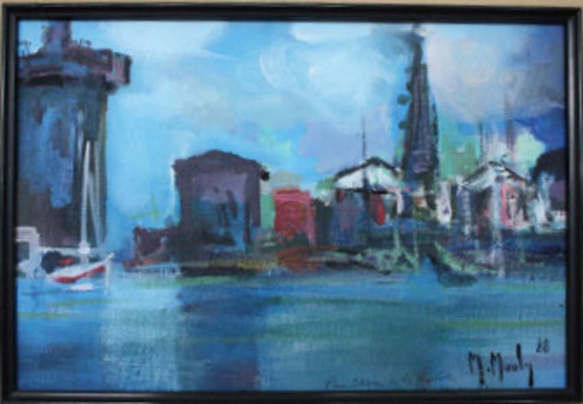 Matin a la Rochelle, '88 by Marcel Mouly: This original, signed oil painting by Marcel Mouly depicts a calm harbor scene. The boats and docks are painted in a semi-abstract manner. The colors are calm shades of blue and gray with red accents.