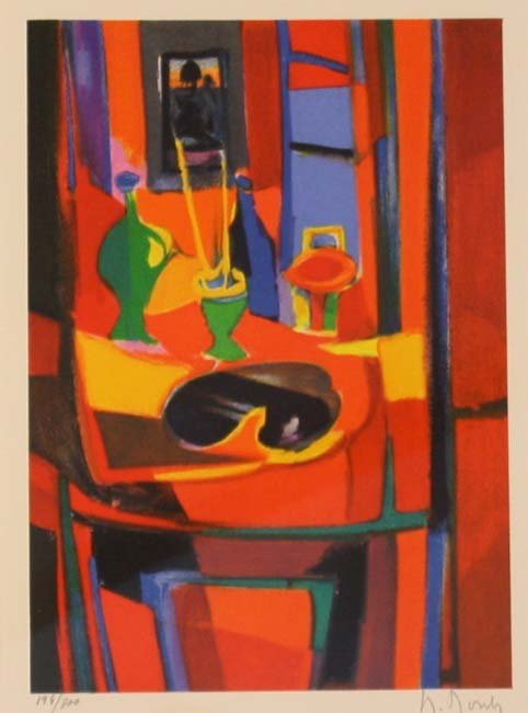 Colorful Still Life by Marcel Mouly: This vibrant lithograph by Marcel Mouly features a semi-abstract interior scene with a still life. There is an elegant arrangement of objects on the table. In the background is an abstracted painting