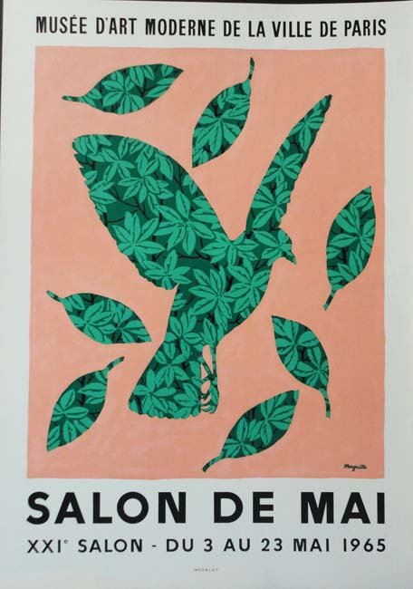 Salon de Mai Rene Magritte exhibition poster: This vintage exhibition poster features a design by Renee Magritte. The image depicts the outline of a bird and some leaves filled in with a leaf pattern against a flat salmon colored background. It h