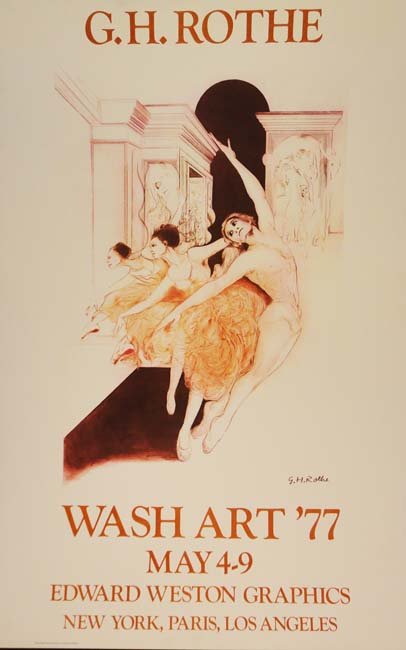 G.H Rothe exhibition poster: Exhibition poster for the artist G.H Rothe who specialized in images of dancers. This image features an elegant group of dancers in subtle shades of red, orange and brown. Size 37.75X25 in