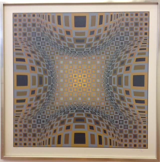 Abstract Geometric Op Art by Victor Vasarely: This limited edition print by Victor Vasarely features one of the artistâ€™s signature optical illusions. The squares are distorted in certain places to give the illusion that four spheres bulge 