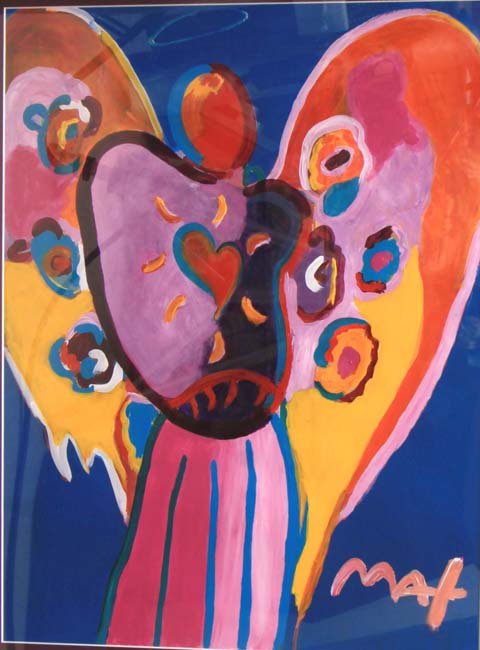 Angel with Heart by Peter Max: This signed, original acrylic on paper painting by Peter Max depicts an angel holding a heart. The angel is composed of simple, unblended areas of color. The colors are bright and vivid. This painting