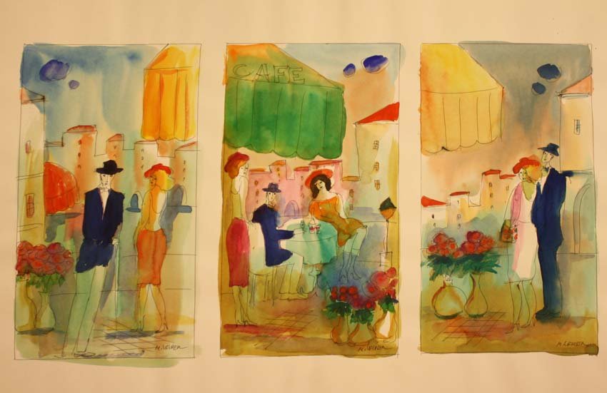 Tale of Three Couples #2 by M. Leider: Original watercolor painting features three images of couples. Each measure 14 x 7.5. Signed by artist .