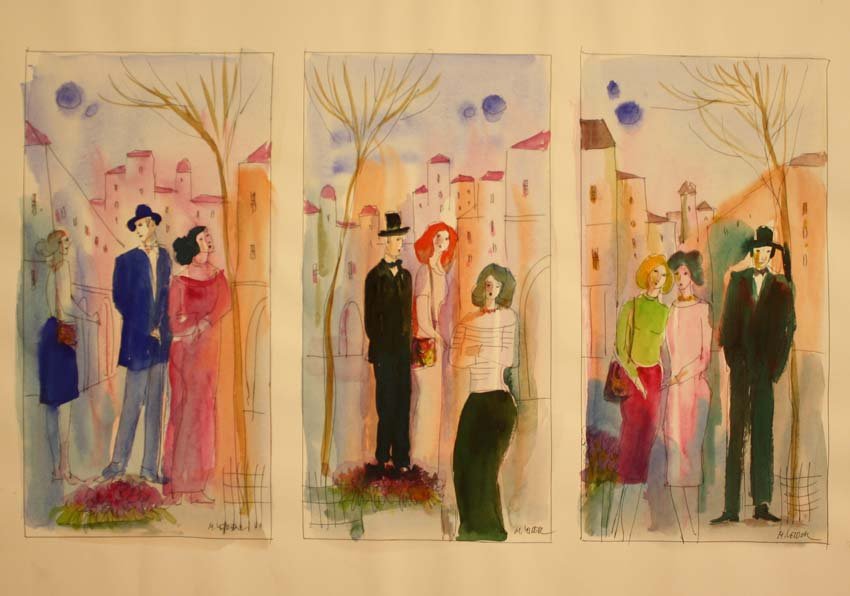 Tale of Three Couples #1 by M. Leider: Original watercolor painting features three images of couples. Each measure 14 x 7.5. Signed by artist