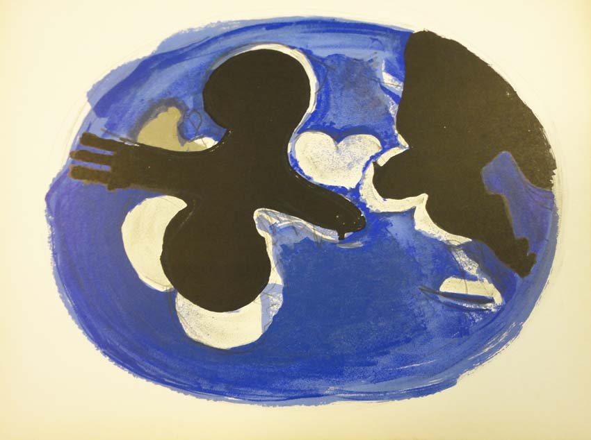 Alexander Calder abstract print: This small poster depicts a blue and black abstract image. The round image is composed of flat black and white shapes against a blue circle. It looks somewhat like a map of the earth. There is an abst