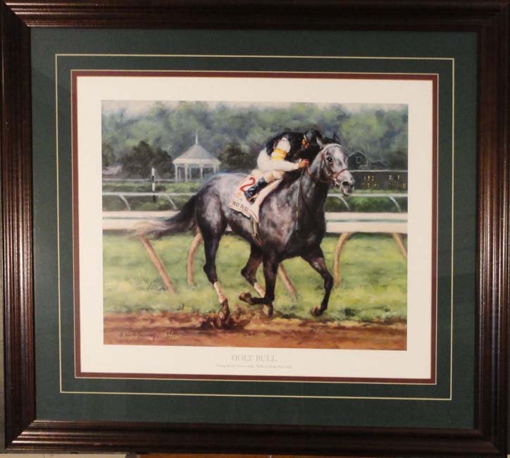 Holy Bull, lithograph by Celeste Susany: This elegant lithogrph print features a famed race horse Holy Bull winning the 1994 Traver's Stakes, Ridden by jockey Mike Smith. The dynamic horse and rider are rendered in a soft, realistic style. T
