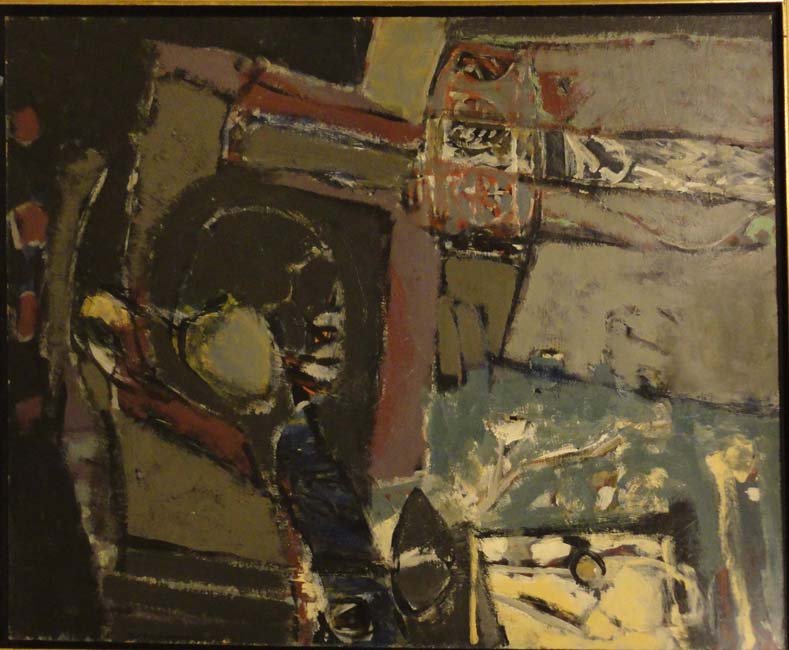 1965 by Monique Charbonneau: This original abstract painting by Canadian artist Monique Charbonneau features a design in muted grey, black and blue. The painting is acrylic on wood panel, framed 24.5 x 31.5, original painting, si