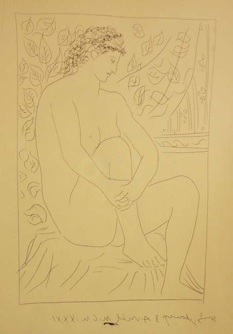 Classical nude by Pablo Picasso: This classically inspired, linear print by Picasso features a young man seated in front of a curtain. He looks like an Ancient Greek or Roman person. The frame measures 24 x 20.25 and the image size i