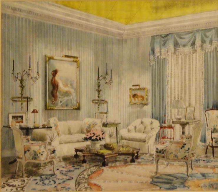 French Provencial Interior by Glem Boyles, 1979: This original watercolor painting features an illustration of an opulent interior. The framed piece measures 22 x 23.75, and the image size is 14.75 x 16. Signed by the artist. Dated 1979.