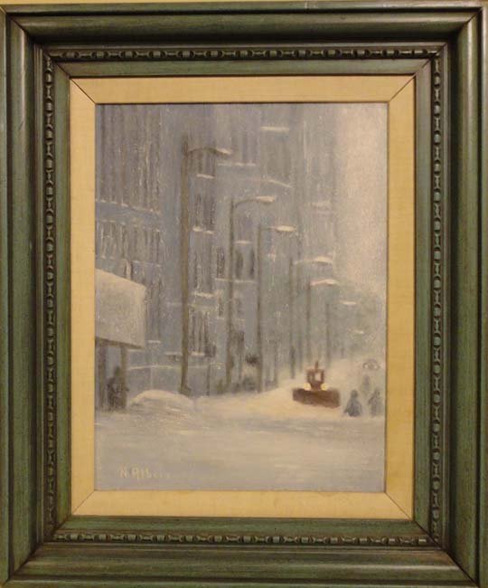 Chicago, November 30 by N. Albers: This original painting by N. Albers depicts a particularly snowy day. On the back of the paitning is a message by the artist describing his impressions of that day. Oil on canvas, frame measures 22 x 