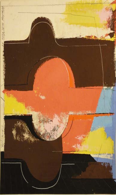 Window with a Vase by Serge Chermayeff: This original mixed media piece features an abstract arrangement. Oil and pencil on paper. Dates to 1969. matted image 11.25 x 15.25. Pencil signed by artist.