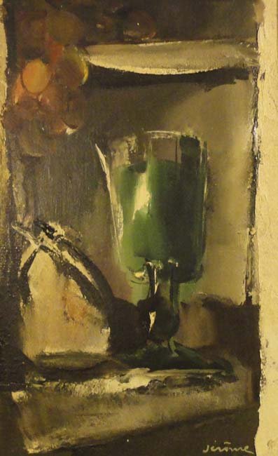 Green Goblet by Pierre Jerome: This original oil painting features an expressionist style still life arrangement. The bright green goblet, possibly full of absinthe, is the focal point. Image measures 17.5 x 10, frame 23 x 15.5. Si