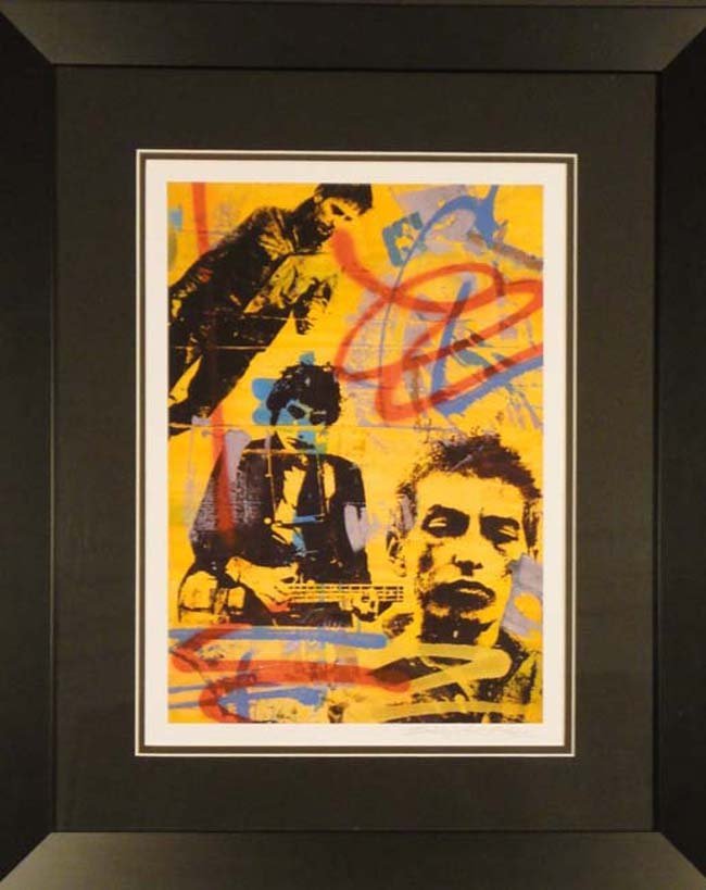 Bob Dylan by Bobby Hill: This mixed-media image by Bobby Hill features the iconic rock star Bob Dylan. The picture has three photo-realistic images of Dylan along with some abstract designs. The primary colors; red, blue and
