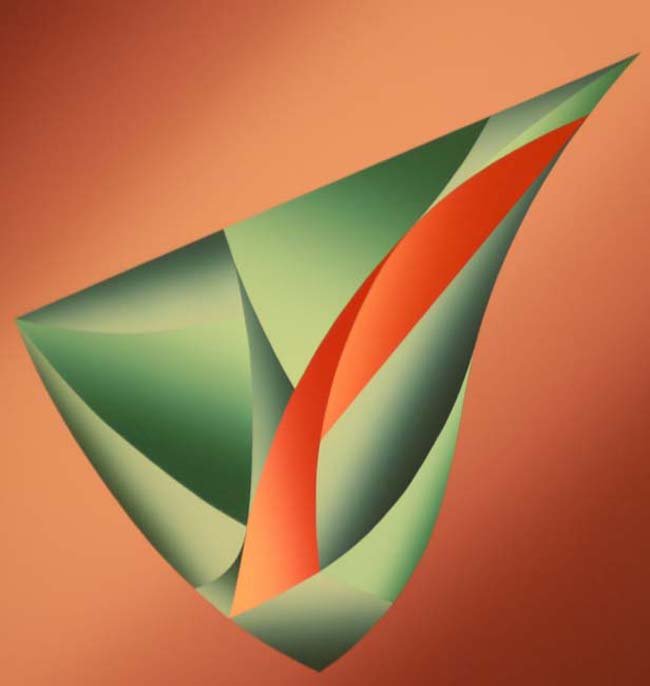 Abstract geometric form by Zapisek: green and pink form on violet background, serigraph, size 17.25 x 16.75, limited edition 151/180, signed by artist