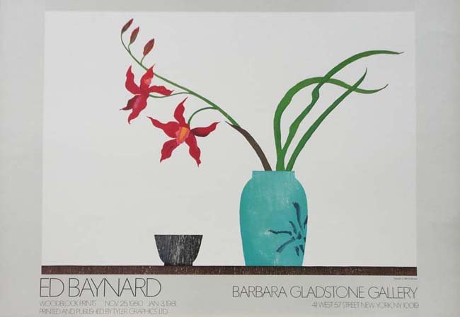 Ed Baynard floral exhibition poster: This elegant exhibition poster features a watercolor image of a single flower with its leaves in a vase. Next to the vase is a bowl. The image has a Japanese simplicity. The bright red hue of the flow