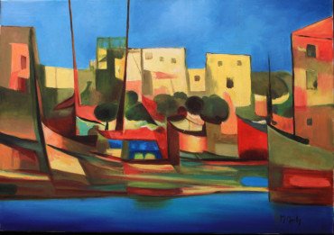 Port du Peche by Marcel Mouly: Original oil on canvas painting of a habour scene, Signed by artist, 18.5 x 25.5