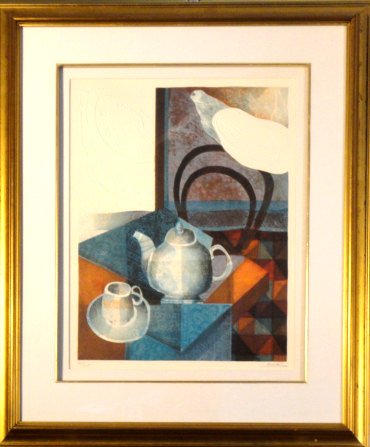 Interior in Blue by Alvar: Limited edition lithograph of a teapot still life, 120/275, Signed by artist, Framed, 22 x 17 in