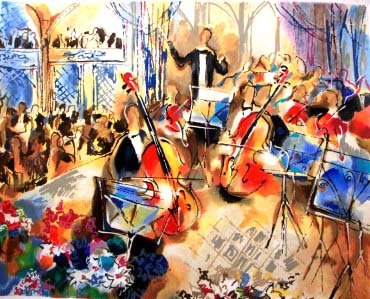 Sensational Symphony by Michael Rozenvain: Limited edition serigraph of a string section playing a symphony, 218/380, Signed by artist, 32.25 x 39.25 in