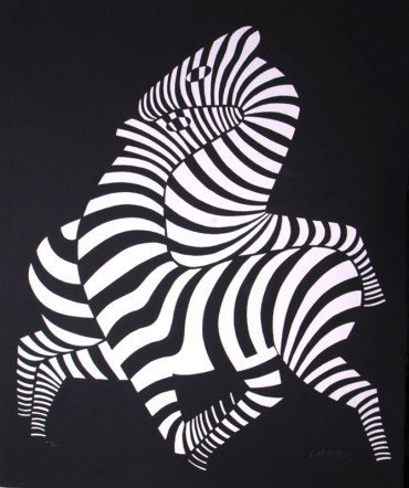 White Zebra on Black Paper by Victor Vasarely: Limited edition silkscreen on black paper,Â Signed by artist, Â 12/23x 40 x 33 in