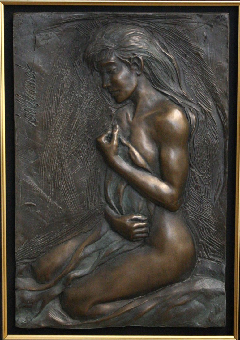 Figure of a woman by Bill Mack: Limited edition bonded bronze plate of a nude woman, 41/195, Signed, 23.5 x 25.5, Framed