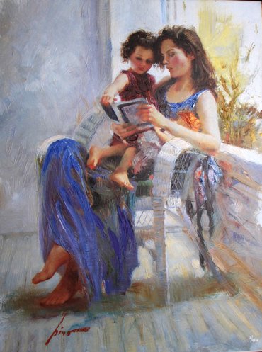 Book of Poems by Pino Daeni: Limited edition embellished giclee on stretched canvas of a woman reading to her child, Artist Proff 83/90, Signed by Artist, 30 x 22