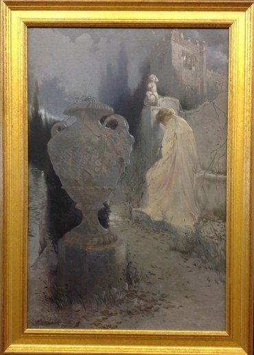 At the Castle by Eric Pape: Original oil on Canvas of a woman crying near a castle, 36 X 24, Framed