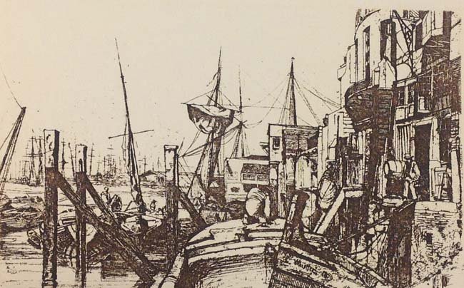 Limehouse after James Abbott McNeill Whistler: Etching on paper, signed and dated 1859 in plate, paper measures 10 x 13.25 in., image size 5 x 8 in.