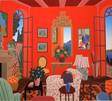 Beresford by Thomas McKnight: A bright red-orange interior is filled with decorative objects in this Signed Silkscreen print on paper by Thomas Mcknight. The space is filled with flowers, fruits and a variety of framed images.