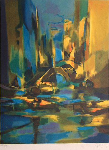 Canal Venise by Marcel Mouly: This signed Lithograph by Marcel Mouly features an abstract Venetian canal in bold yellows and blues. Marcel Mouly (1918-2008) was a French abstract artist who studied under Jacques Lipchitz. His work