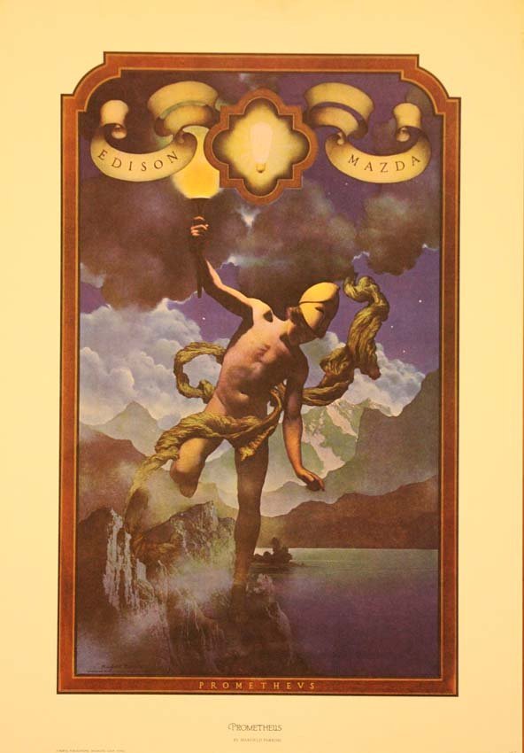 Prometheus by Maxfield Parrish: Greek mythology illustration, 36 x 25 in, Copyright Portal Publications