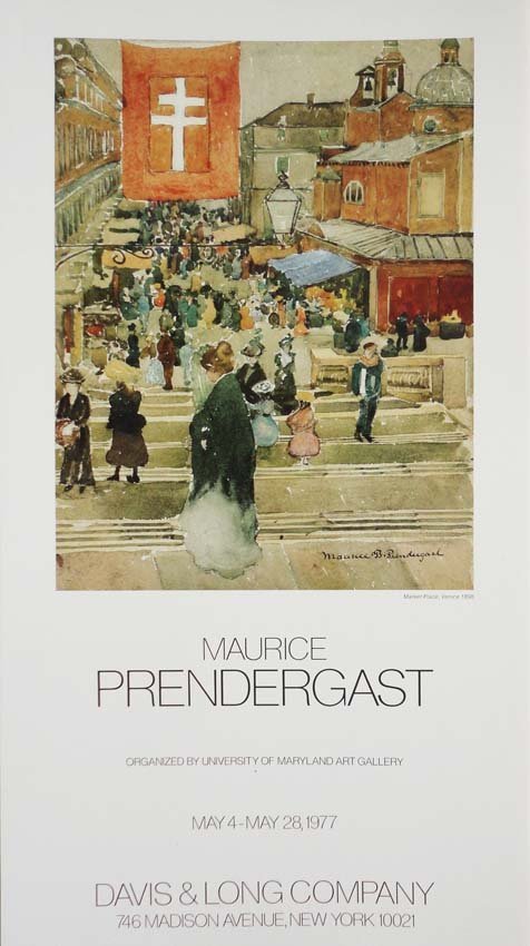 Maurice Prendergast "Market Place, Venice" exhibition: This exhibition poster features a turn of the century scene of Venice by Maurice Prendergast. The artist was clearly influenced by Japanese art. 1977. Measures 24X12.5 in.