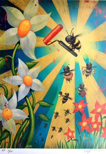 Spring Bees by Jeff Soto: This Limited Edition Giclee on paper features a playful cartoon style image of a swarm of bee's painting daisies red. Signed by Artist. 24 x 18 in
