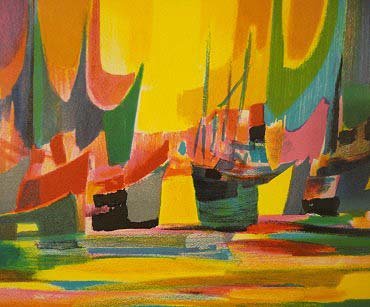 Cargot et Voilers by Marcel Mouly: MARCEL MOULY (1918-2008) Limited Edition Lithograph, EA 18.5 x 22.25 in, Framed Signed Marcel Mouly was a French abstract artist who studied under Jacques Lipchitz. His work is in the collection of ov