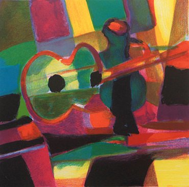 Green Guitar by Marcel Mouly: MARCEL MOULY (1918-2008) Limited Edition Lithograph, 209/300 22 x 21.75 in, Framed Signed Marcel Mouly was a French abstract artist who studied under Jacques Lipchitz. His work is in the collection of