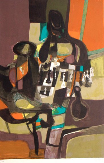 Echecs (Chess) by Marcel Mouly: MARCEL MOULY (1918-2008) Limited Edition Lithograph, 102/150 21 x 29.25 in, Signed Marcel Mouly was a French abstract artist who studied under Jacques Lipchitz. His work is in the collection of over 2