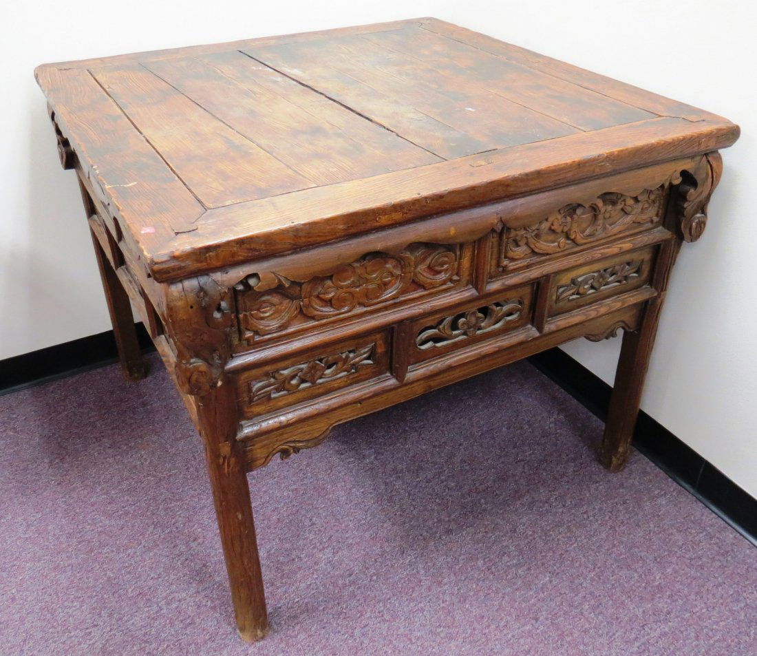 Antique Chinese Square Elmwood Carved Game Table (1 of 10)