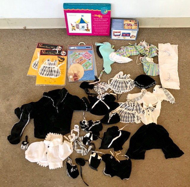 LOT OF VANDERBEAR DOLL WEAR CLOTHING ACCESSORIES: MANY OUTFITS SOME NEW,THE LOONEY CIRCUS SETUP,PLAY DATE TOY CHEST AND PUPPET THEATER