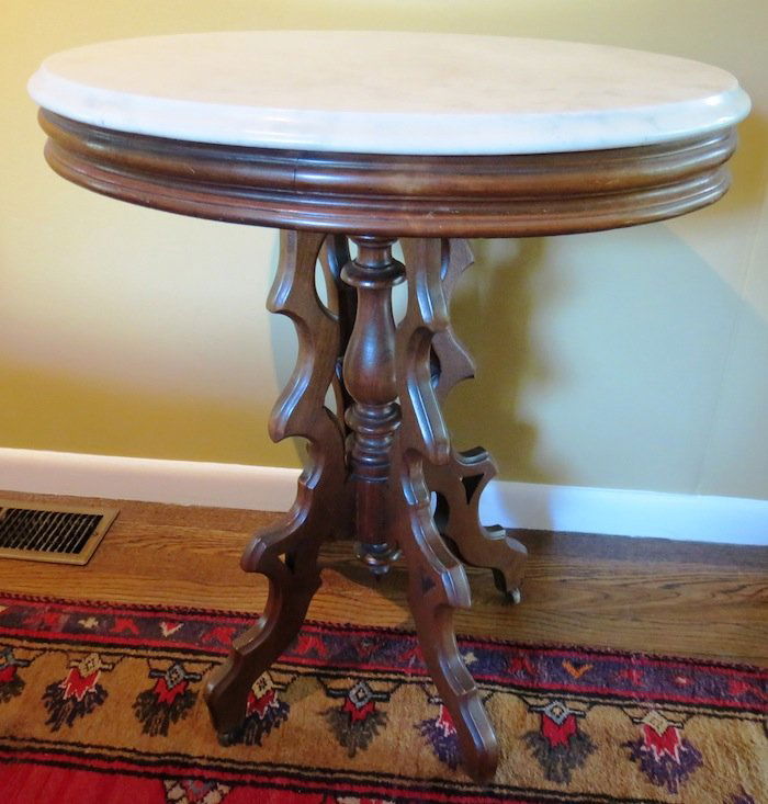 Circular Wooden End Table with Marble Top 42"  17" 24" (1 of 4)
