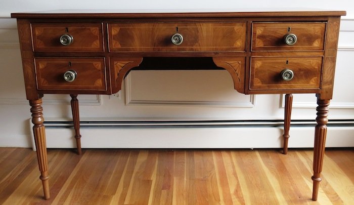 Mahogany and Satinwood Inlaid Sideboard: 19C Regency Mahogany and Satinwood Inlaid Sideboard 54L/22D/35H Description With satinwood banding and stringing, the drawer fronts and apron with satinwood fan inlaid spandrels, comprising a central 