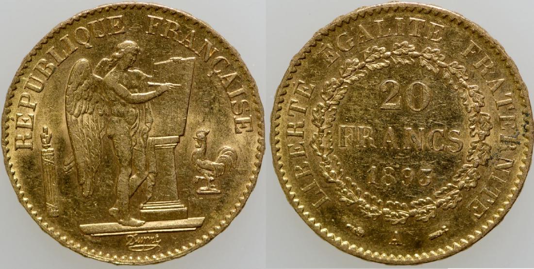 Twenty Franc Gold Piece (103102): KM # 825, 6.4516 g., 0.900 gold, .1867 oz. AGW. Date: 1893 City/County: State: France