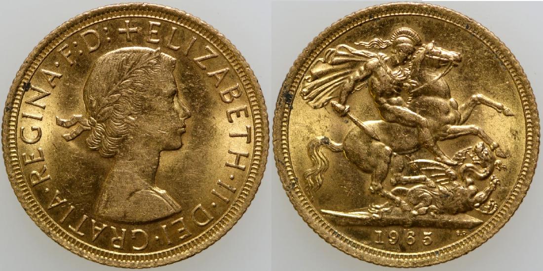 Gold Sovereign (103160): KM # 908. 7.9881 g., 0.9170 gold, 0.2355 oz. AGW. Ruler: Elizabeth II. Date: 1965 City/County: State: Great Britain