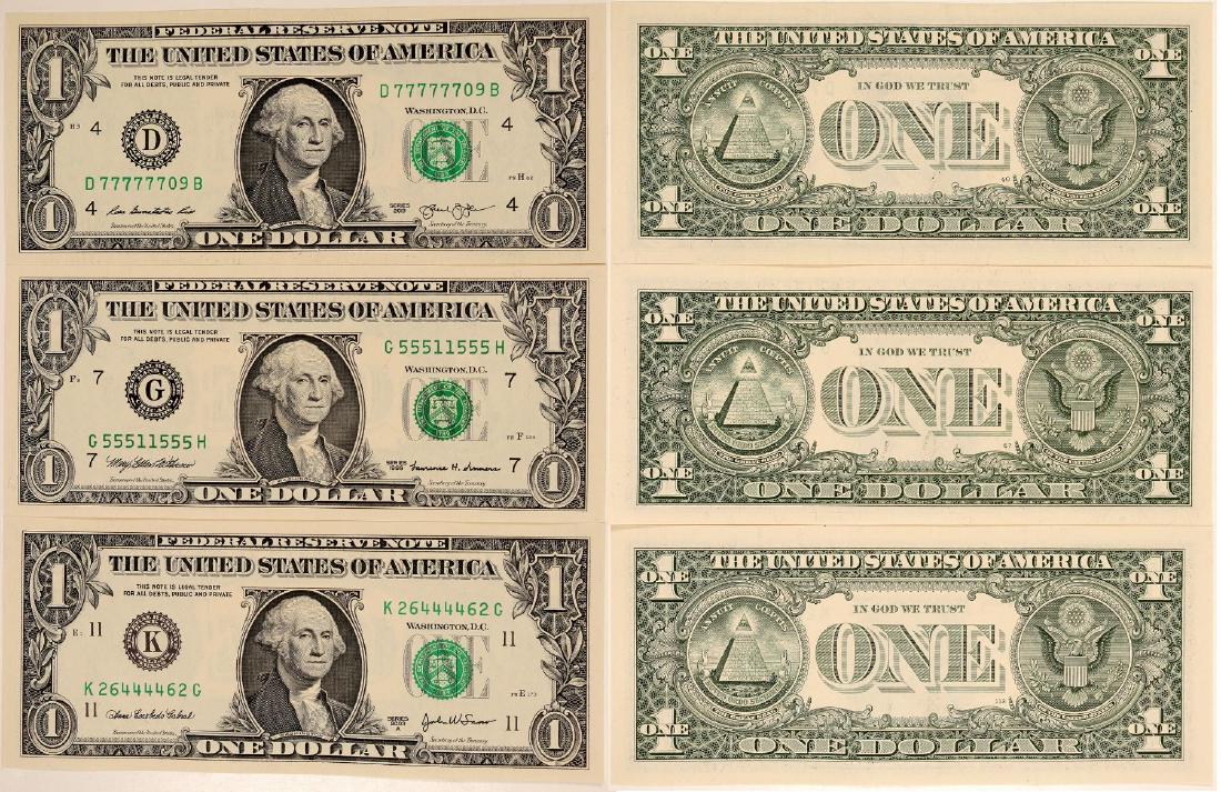 Three US Currency "Poker Notes" (102482): Lot of 3 $1 dollar "poker notes": 1999 with two "555" sequences; 2003 quad center radar ("4444"); and 2013 with six consecutive "7s". Please inspect. Houghton Estate Collection Date: City/County: Stat